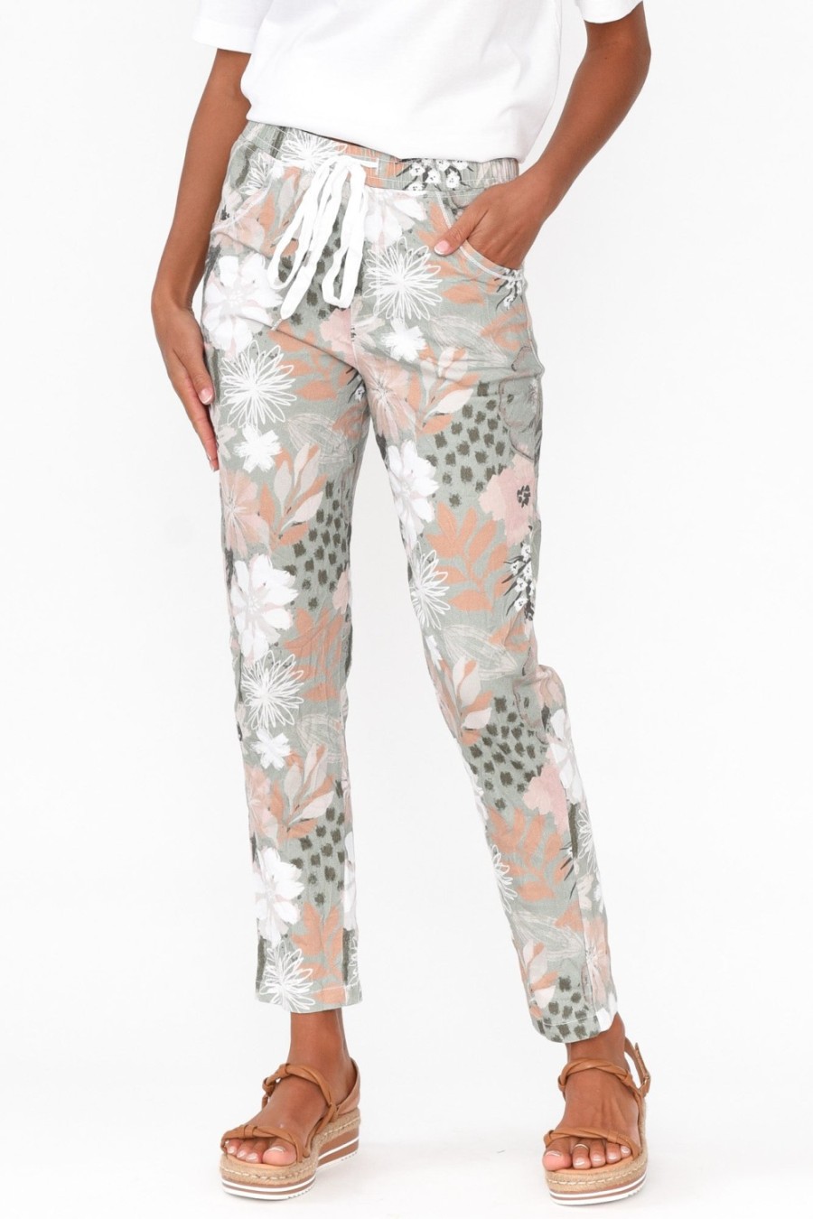 Clothing Cafe Latte Pants | Hedda Khaki Floral Drawstring Pant