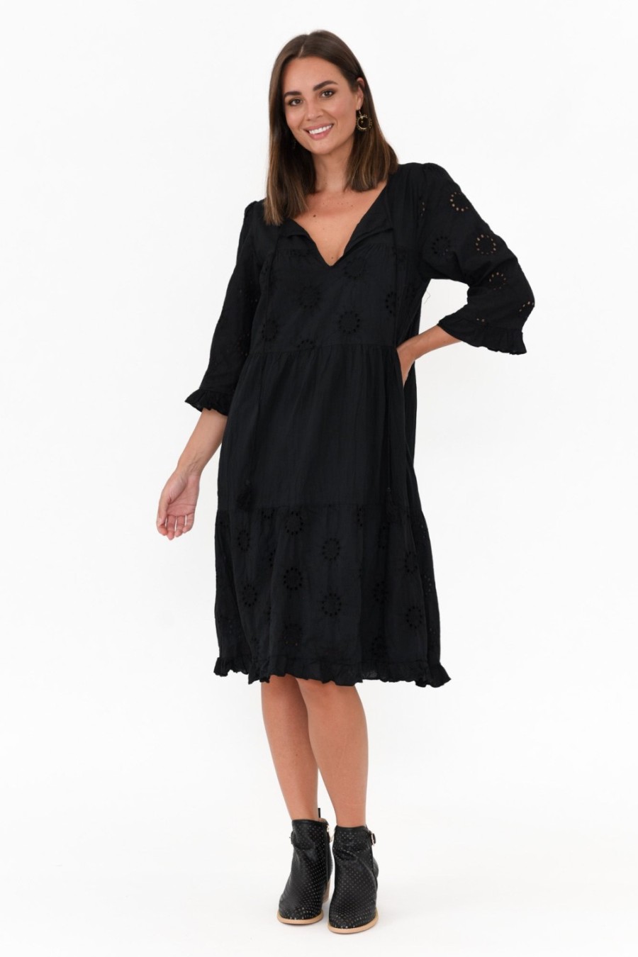 Clothing Worthier Cotton Dresses | Valentina Black Cotton Embroidered Dress