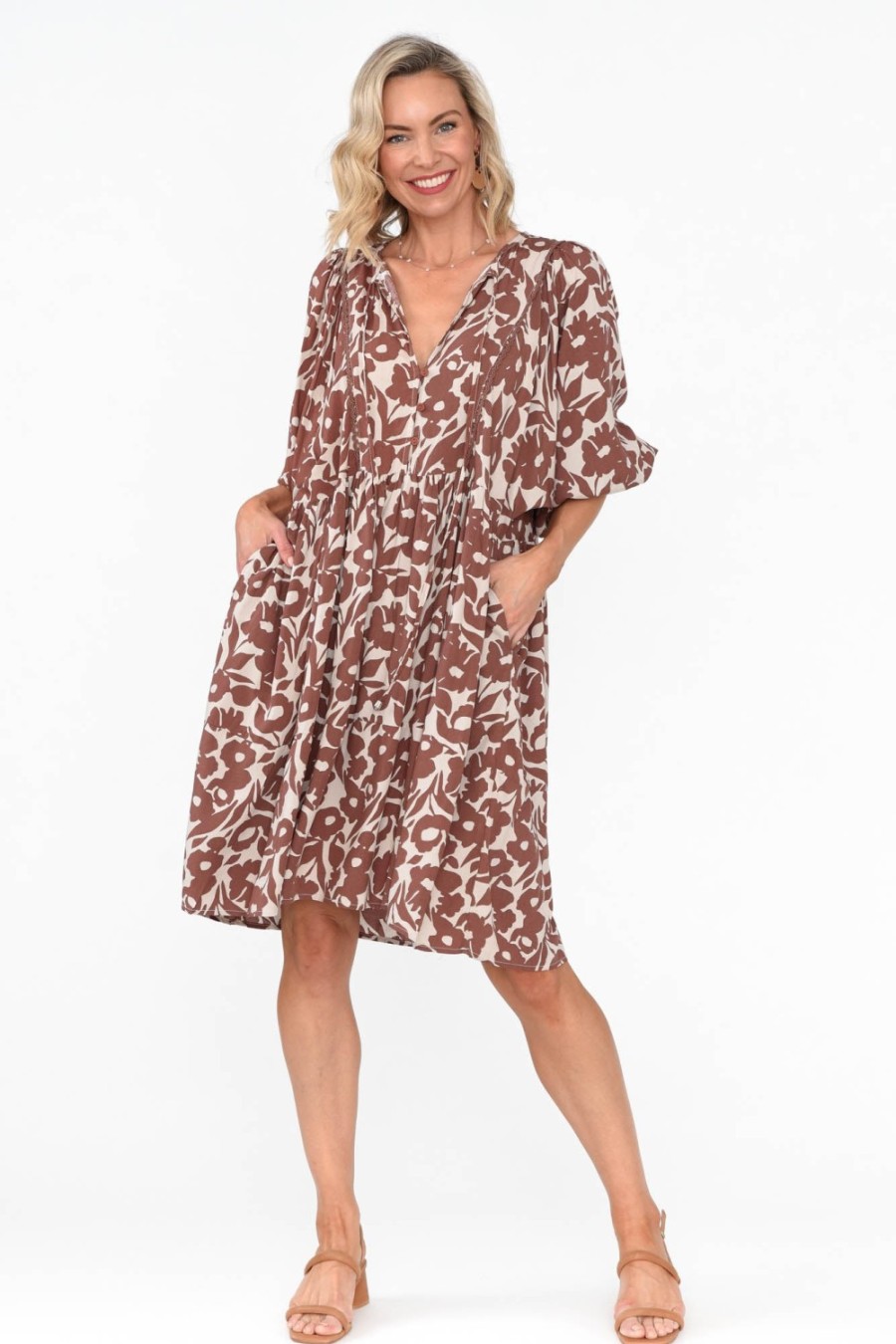 Clothing New U Collection Above Knee Dresses | Lyric Brown Floral Pocket Dress