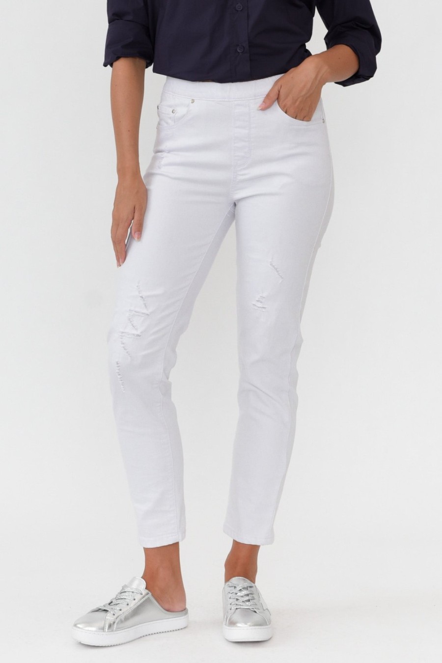 Clothing Threadz Jeans | Zadie Distressed White Stretch Jean