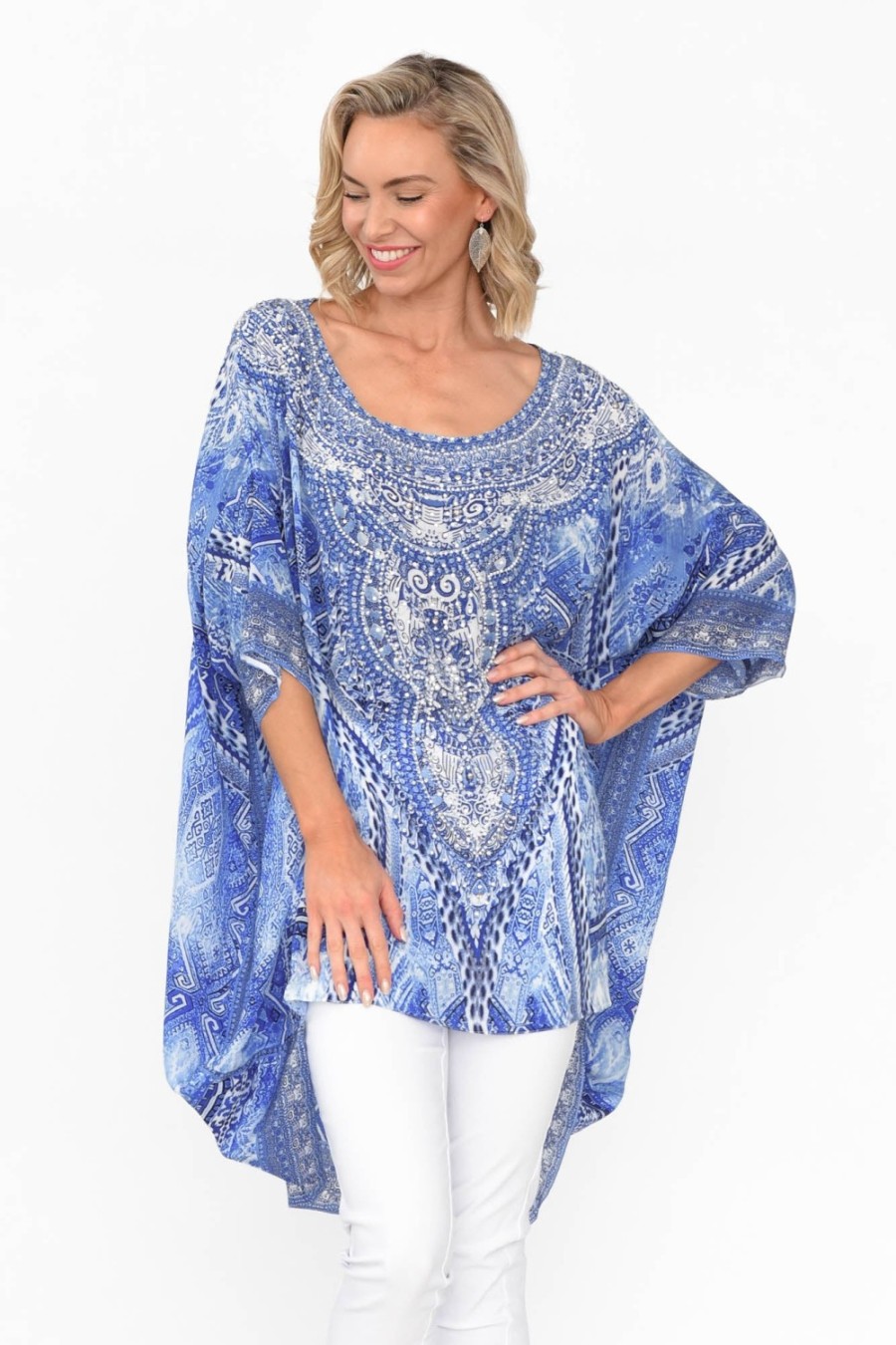 Clothing Fashion Spectrum Tunic Tops | Monet Blue Silk Drape Top