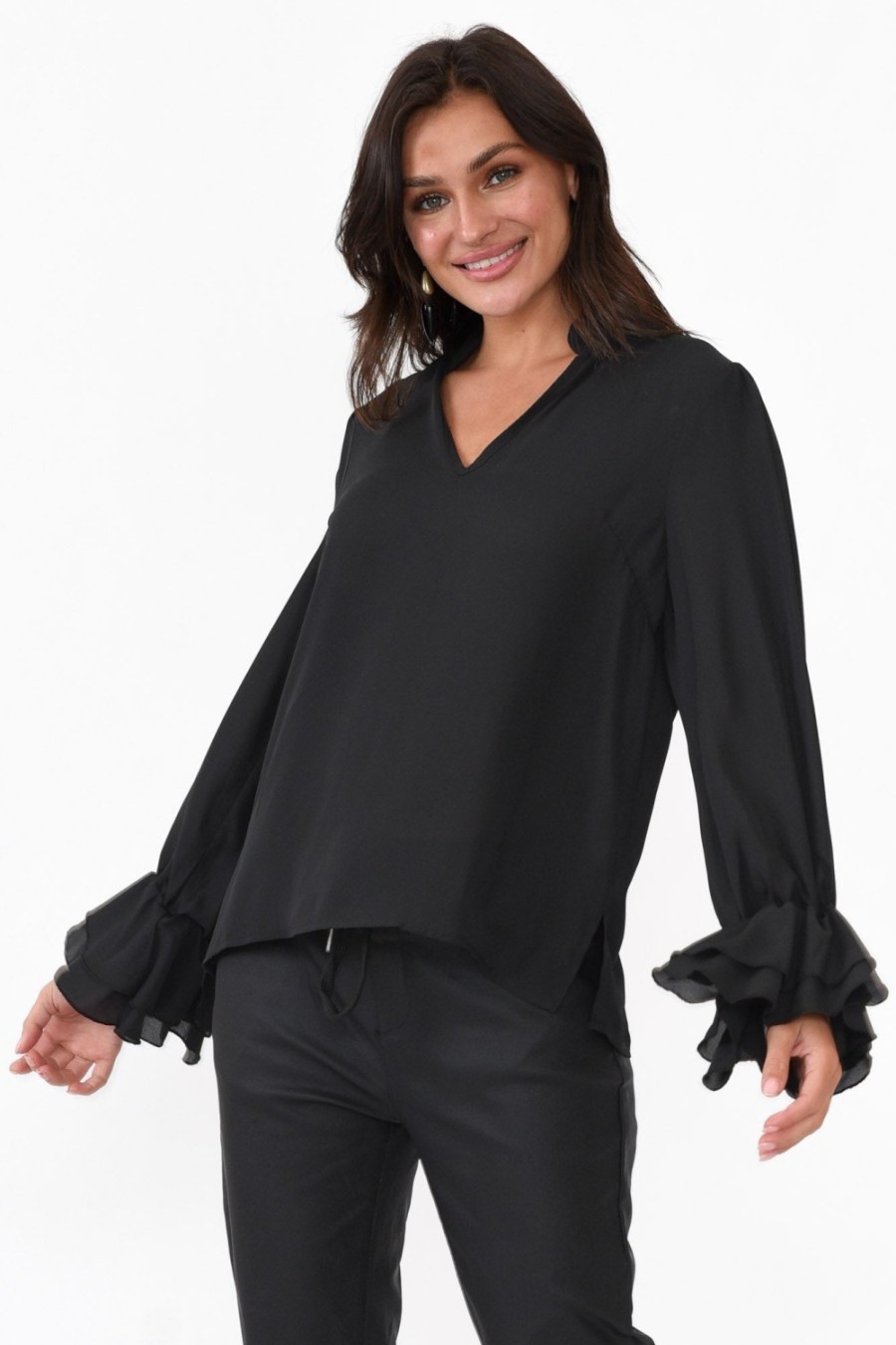 Clothing 365 Days Sleeved Tops | Martini Black Ruffle Sleeve Top