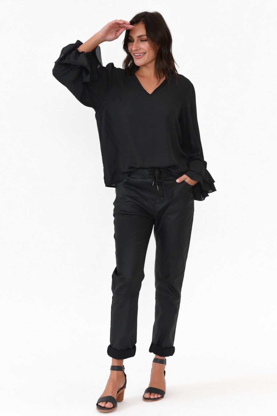 Clothing 365 Days Sleeved Tops | Martini Black Ruffle Sleeve Top