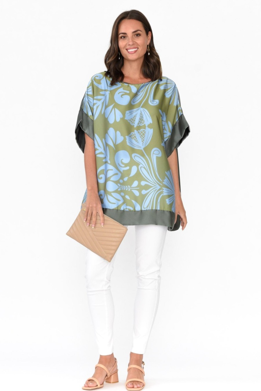 Clothing Italian Closet Sleeved Tops | Terni Khaki Floral Gloss Top