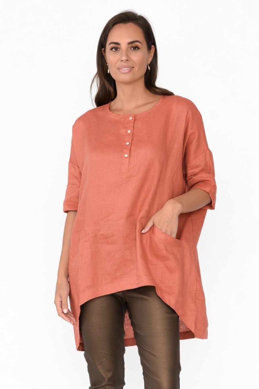 Clothing Tirelli Linen Tops | Ayla Rust Linen Tunic