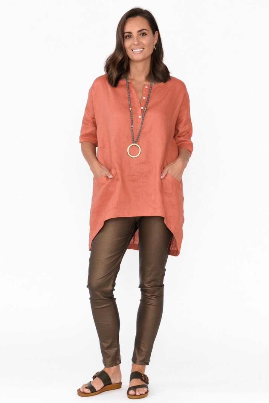 Clothing Tirelli Linen Tops | Ayla Rust Linen Tunic