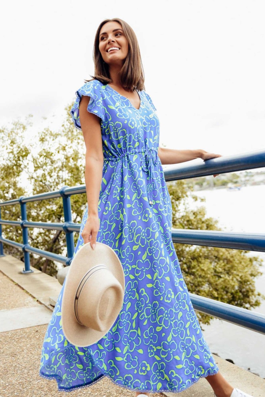 Clothing New U Collection Midi Dresses | Libby Blue Flower Midi Dress