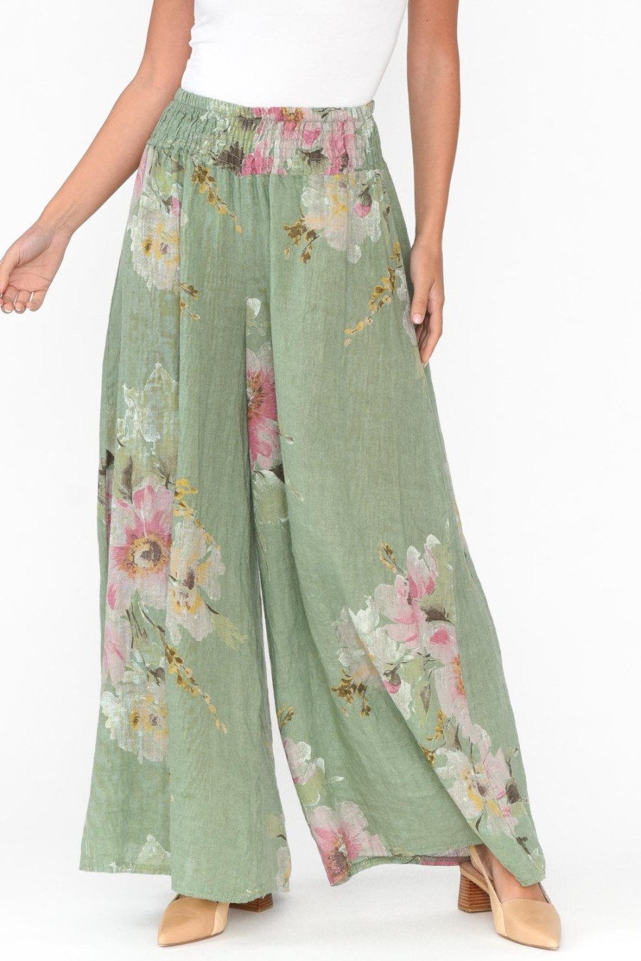 Clothing Donna Donna Pants | Rumi Sage Floral Wide Leg Linen Pant