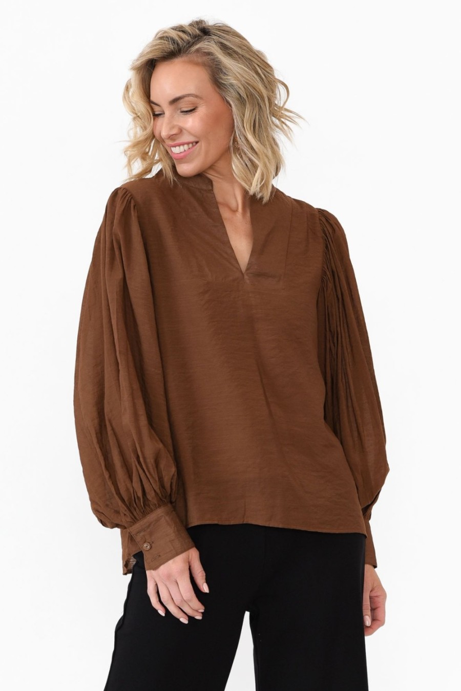 Clothing Cali and Co Cotton Tops | Kane Chocolate Cotton Blend Top