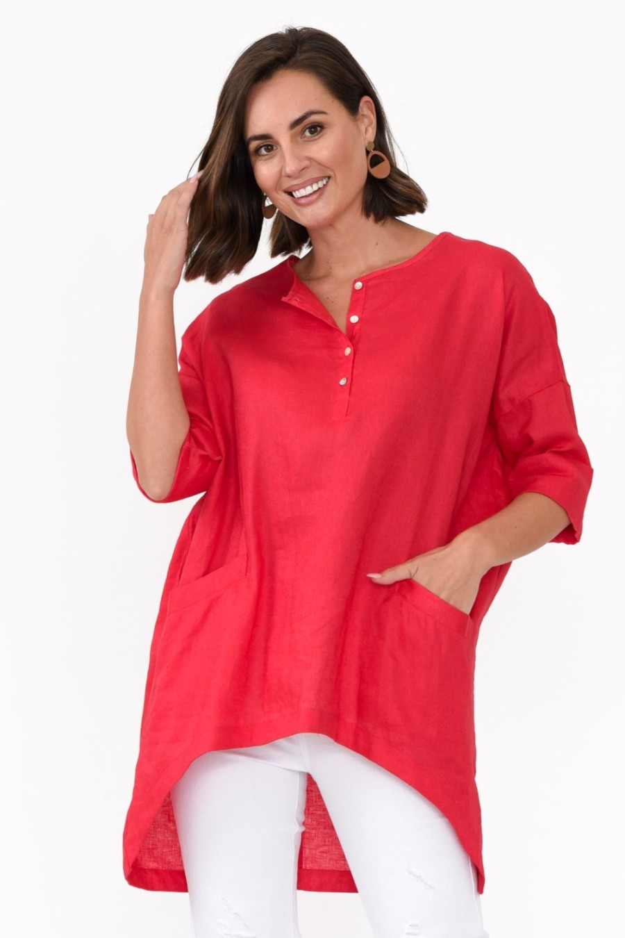 Clothing Tirelli Linen Tops | Ayla Red Linen Tunic