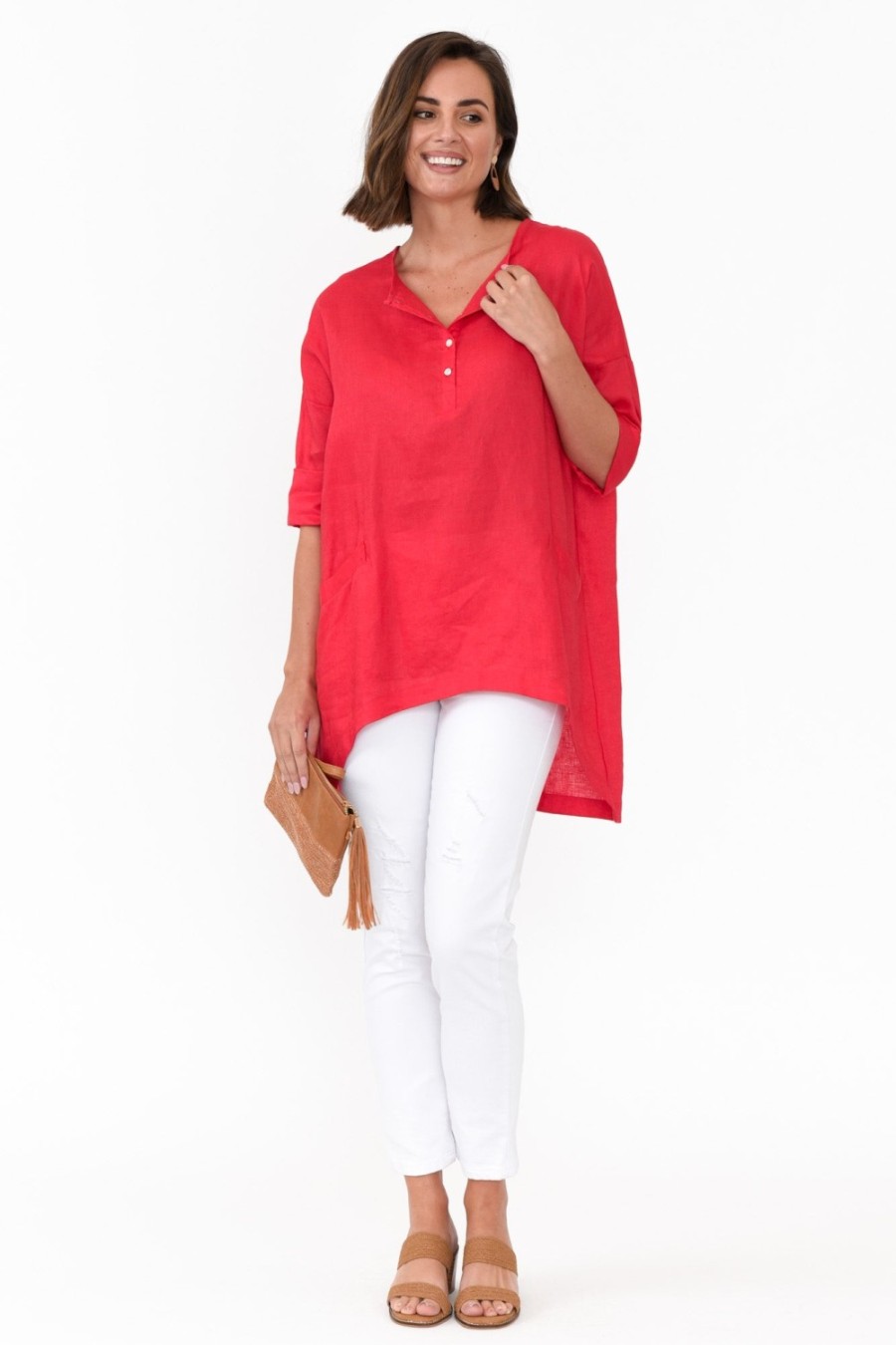 Clothing Tirelli Linen Tops | Ayla Red Linen Tunic