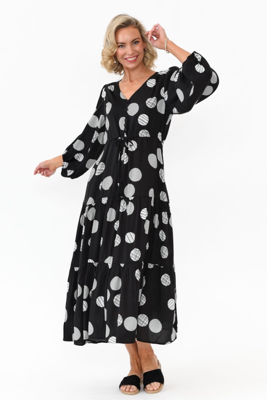 Clothing Willow Tree Midi Dresses | Tierney Black Spot Tassel Tie Dress