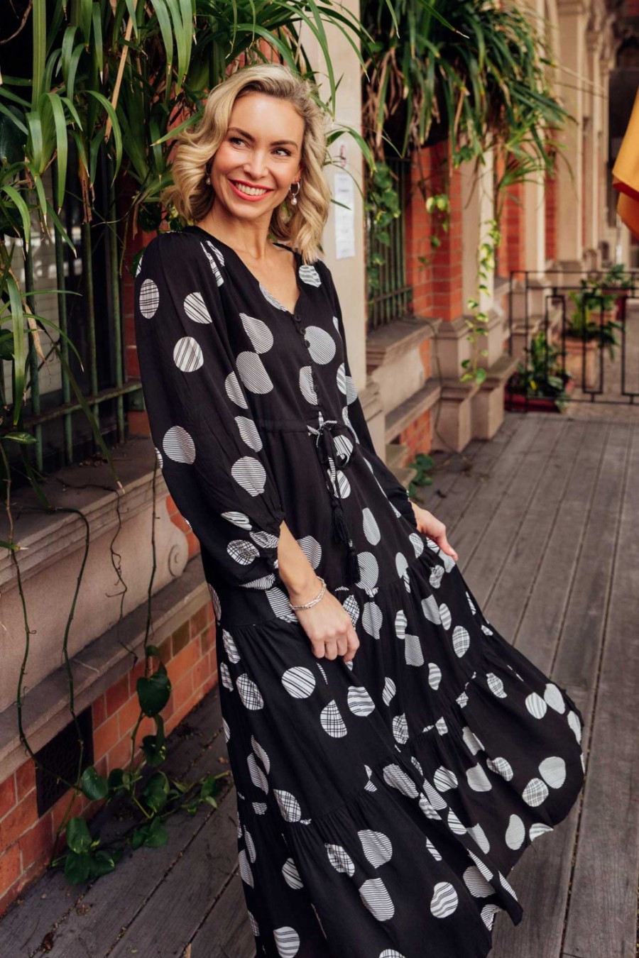 Clothing Willow Tree Midi Dresses | Tierney Black Spot Tassel Tie Dress