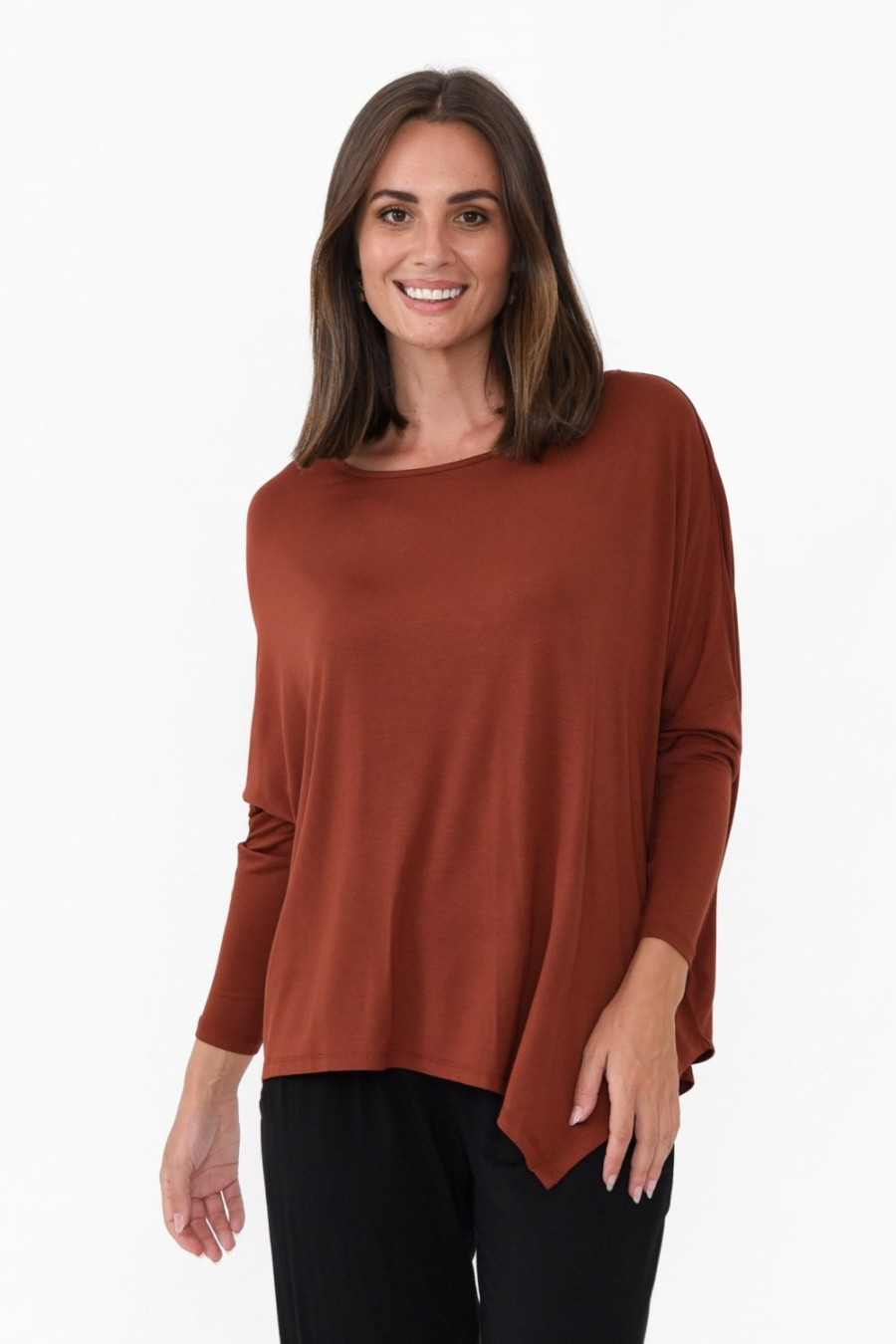 Clothing Bamboo Body Sleeved Tops | Rust Bamboo Relaxed Boatneck Top