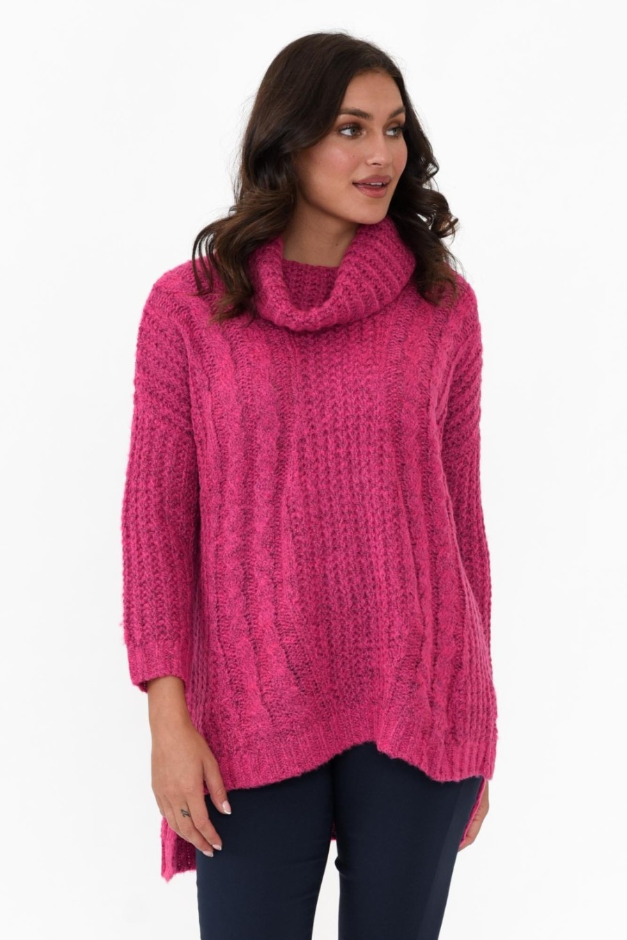 Clothing Cafe Latte Knitwear | Hamlin Hot Pink Roll Neck Jumper