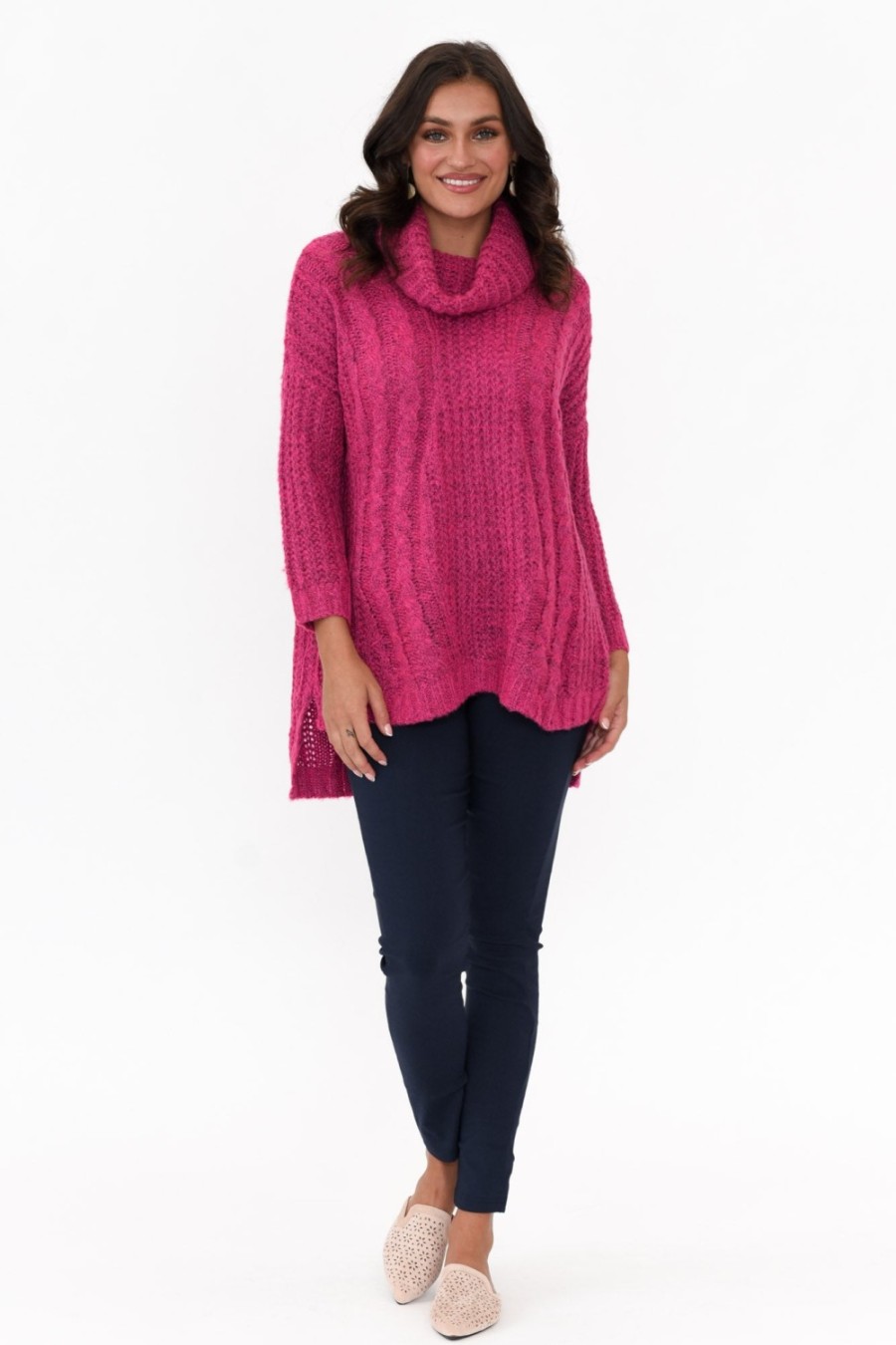 Clothing Cafe Latte Knitwear | Hamlin Hot Pink Roll Neck Jumper