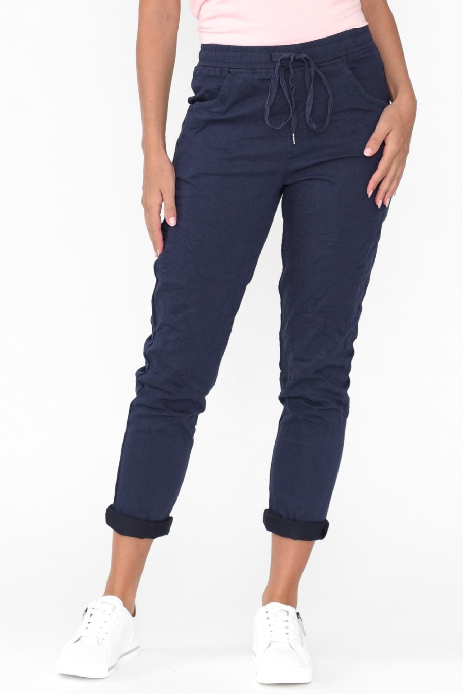 Clothing Cafe Latte Pants | Joselyn Navy Cotton Blend Drawstring Pant