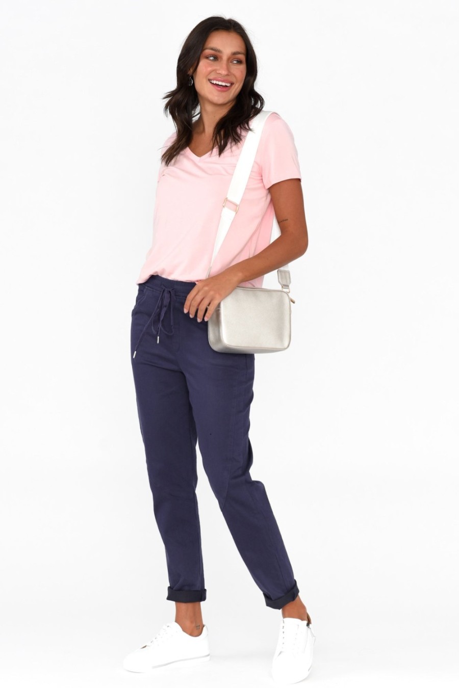 Clothing Cafe Latte Pants | Joselyn Navy Cotton Blend Drawstring Pant