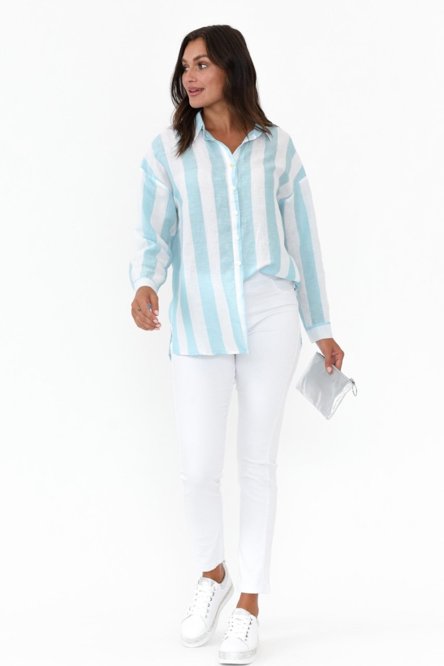 Clothing Worthier Linen Tops | Maeve Blue Stripe Oversized Linen Shirt