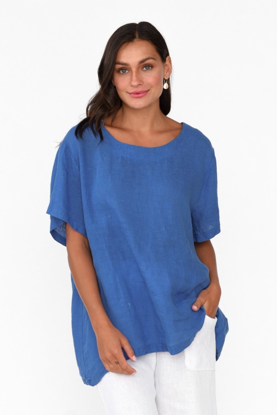 Clothing Cali and Co Linen Tops | Micah Cobalt Linen Scoop Neck Top