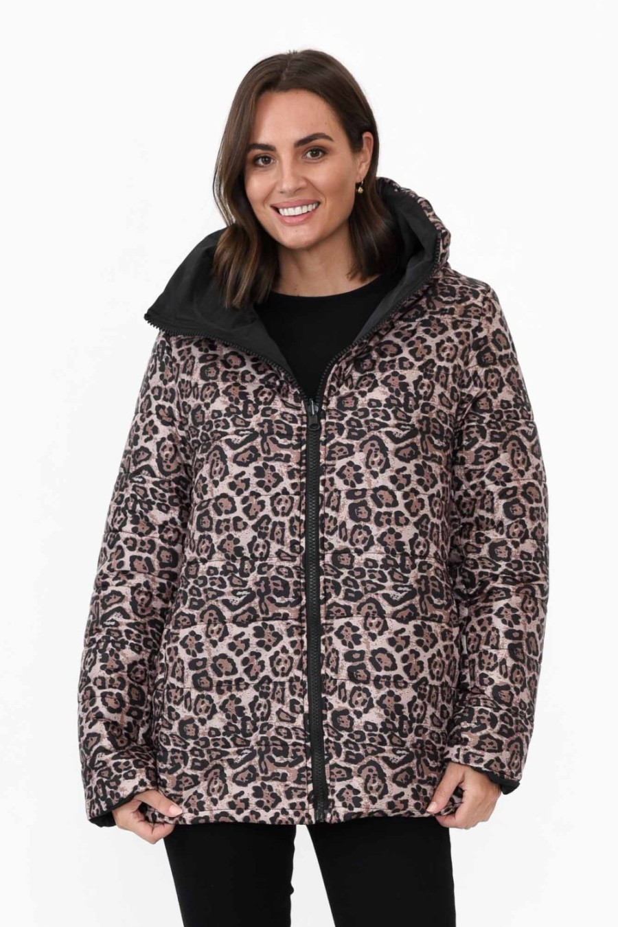 Clothing Hammock u0026 Vine Jackets | Hansel Brown Leopard Reversible Puffer Jacket