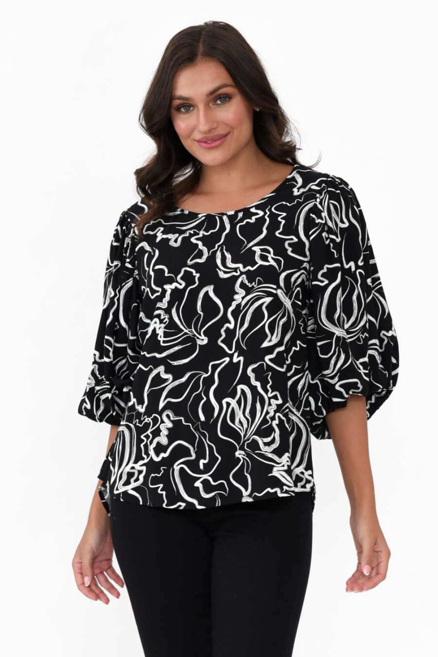 Clothing New U Collection Sleeved Tops | Heath Black Abstract Puff Sleeve Top