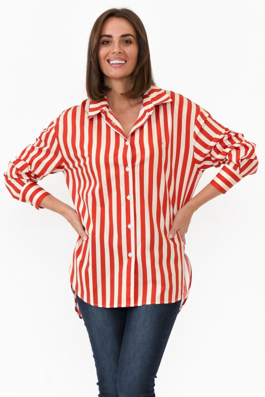 Clothing Dear Sutton Cotton Tops | Presley Red Stripe Cotton Poplin Shirt