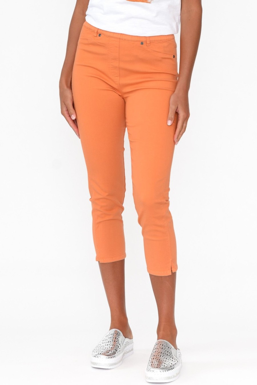 Clothing Cafe Latte Pants | Reed Orange Stretch Cotton Capri Pant