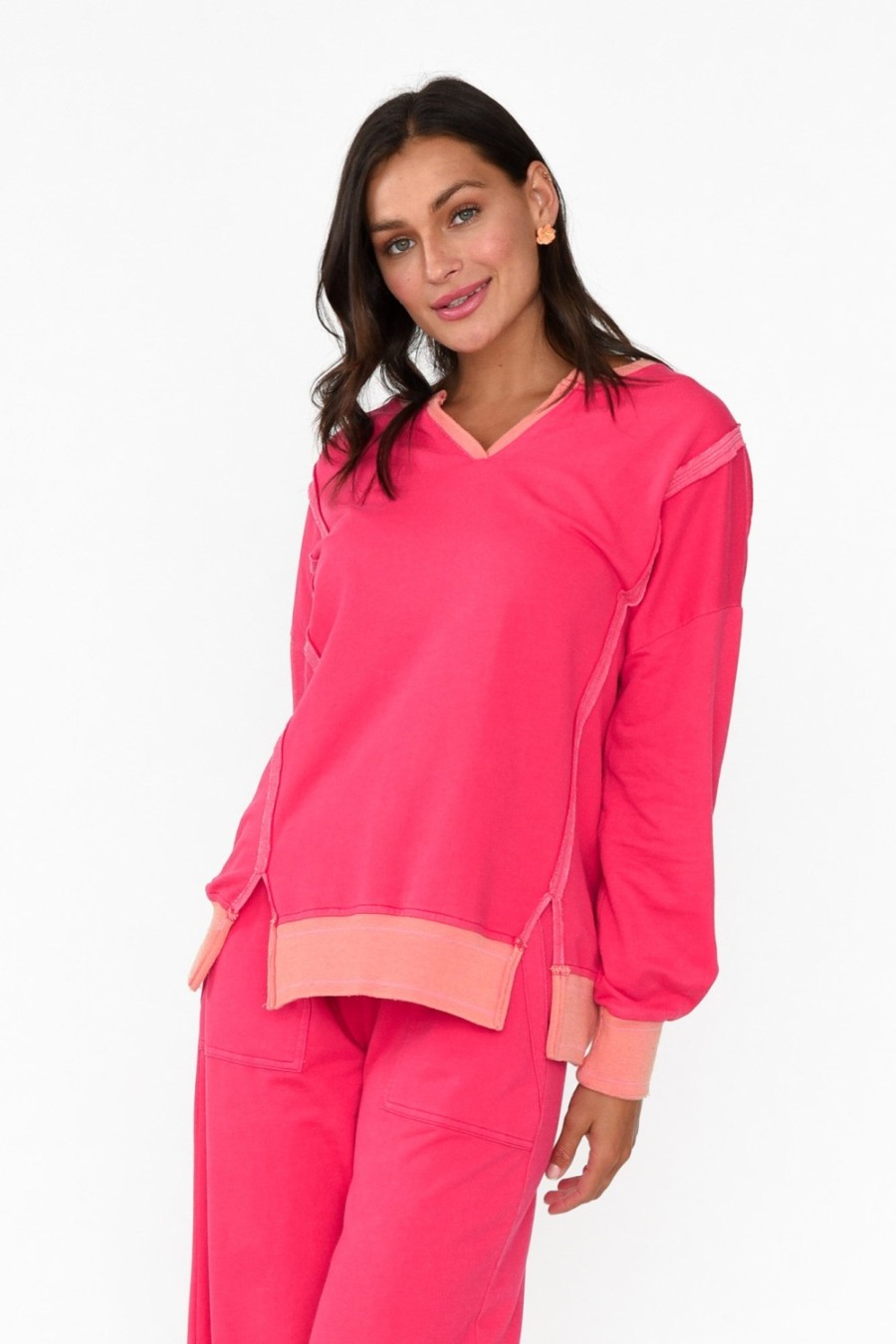 Clothing One Ten Willow Cotton Tops | Linnea Hot Pink V Split Jumper