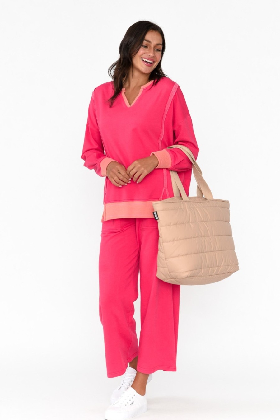 Clothing One Ten Willow Cotton Tops | Linnea Hot Pink V Split Jumper