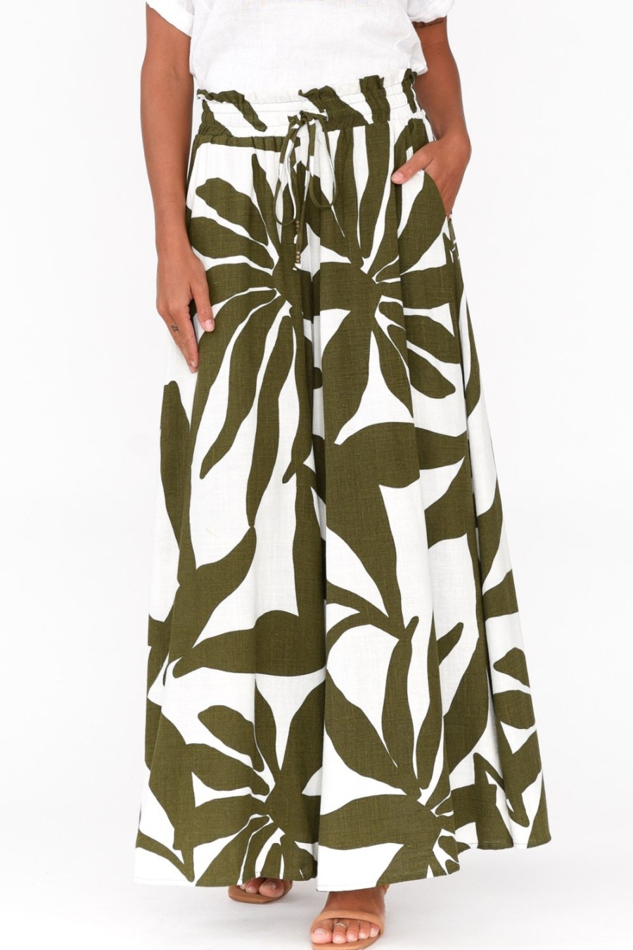 Clothing Label Of Love Pants | Marit Green Leaf Wide Leg Pant