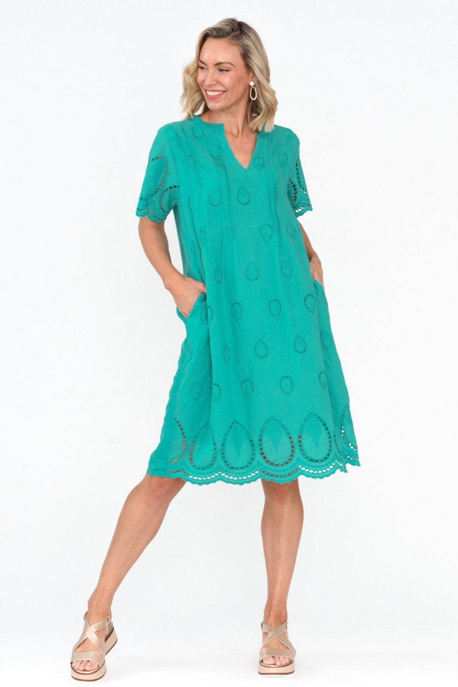 Clothing Fabuler Cotton Dresses | Ellory Turquoise Linen Cotton Pocket Dress