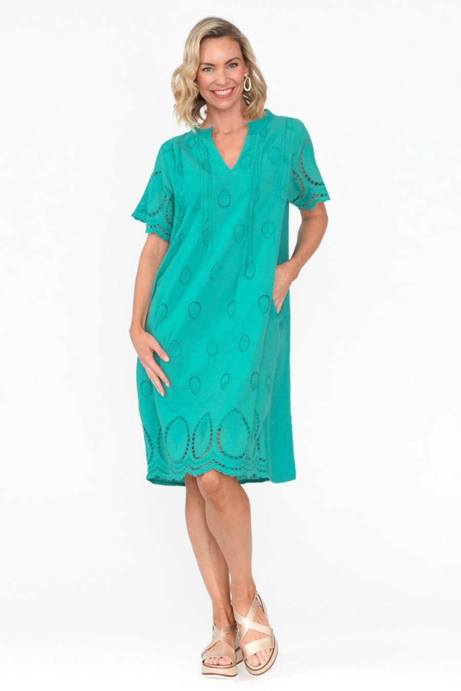 Clothing Fabuler Cotton Dresses | Ellory Turquoise Linen Cotton Pocket Dress