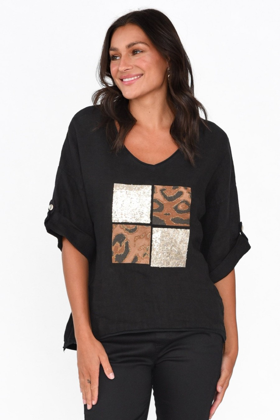 Clothing La Strada Linen Tops | Pavla Black Leopard Linen V Neck Top