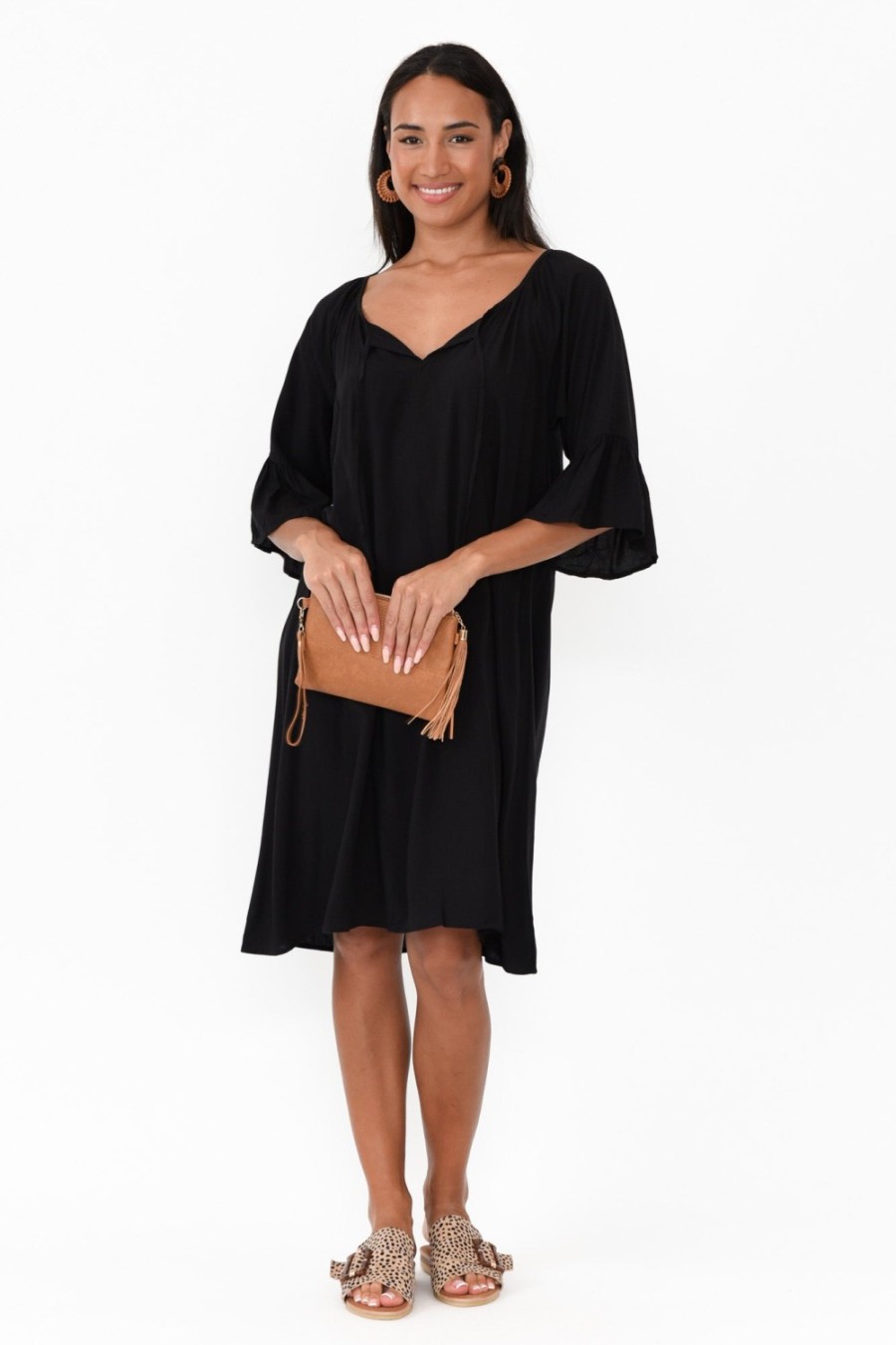 Clothing Slate the Label Below Knee Dresses | Sophia Black Bell Sleeve Dress