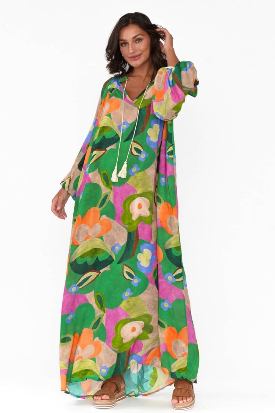 Clothing Italian Star Maxi Dresses | Menara Green Abstract Billow Dress