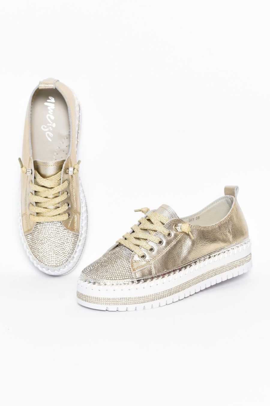 Shoes Ameise Leather Sneakers | Sky Gold Leather Diamante Sneaker