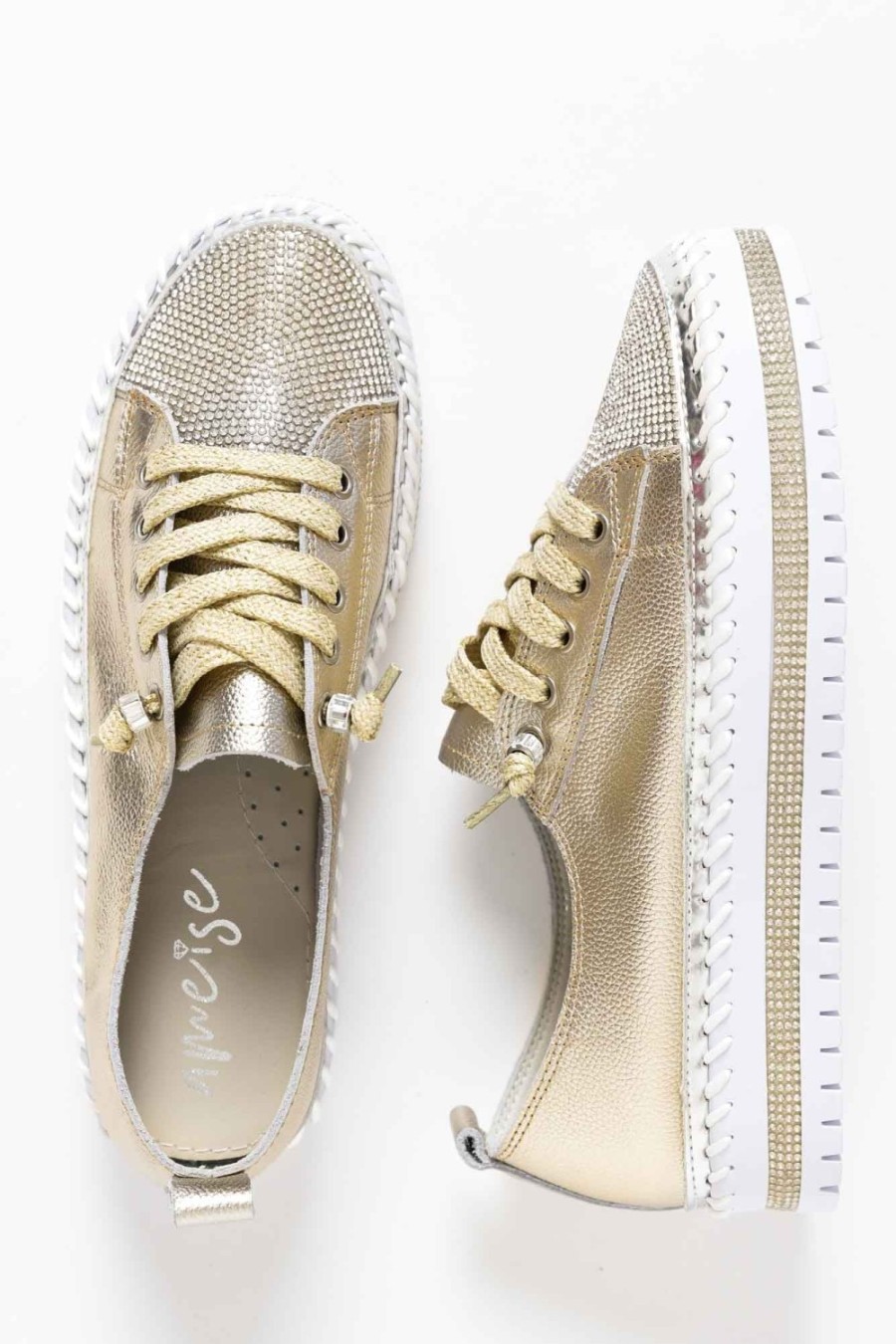 Shoes Ameise Leather Sneakers | Sky Gold Leather Diamante Sneaker