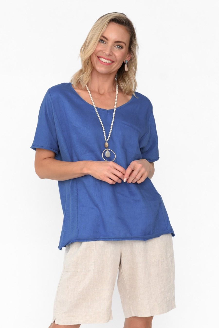 Clothing Cali and Co Cotton Tops | Ishana Cobalt Linen Cotton Top