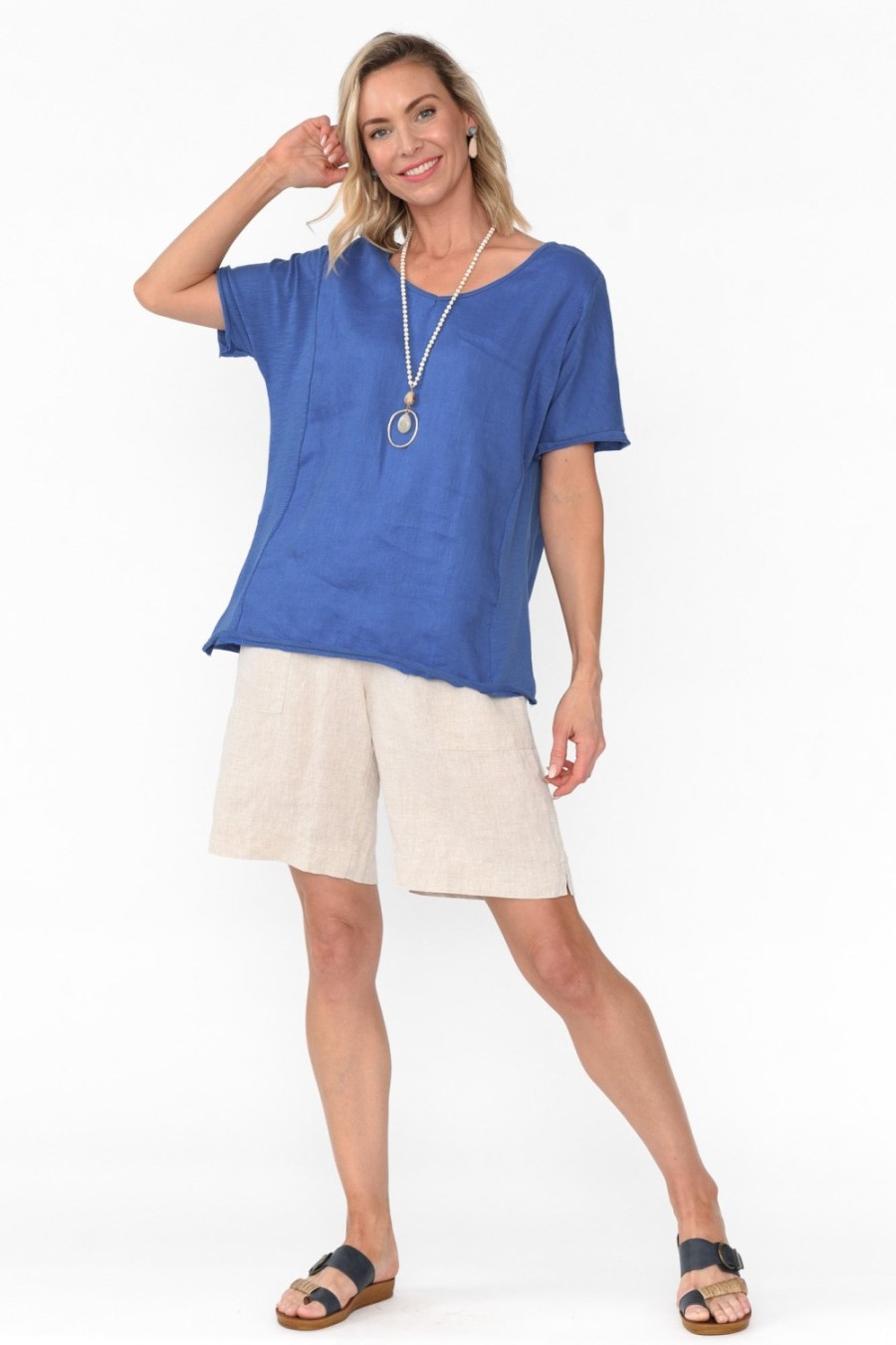 Clothing Cali and Co Cotton Tops | Ishana Cobalt Linen Cotton Top