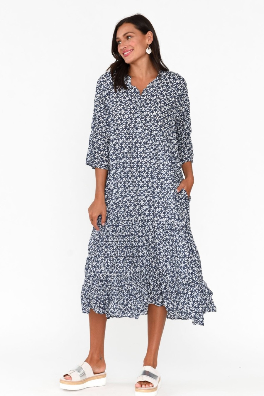 Clothing Namastai Cotton Dresses | Anniston Navy Flower Cotton Tiered Dress