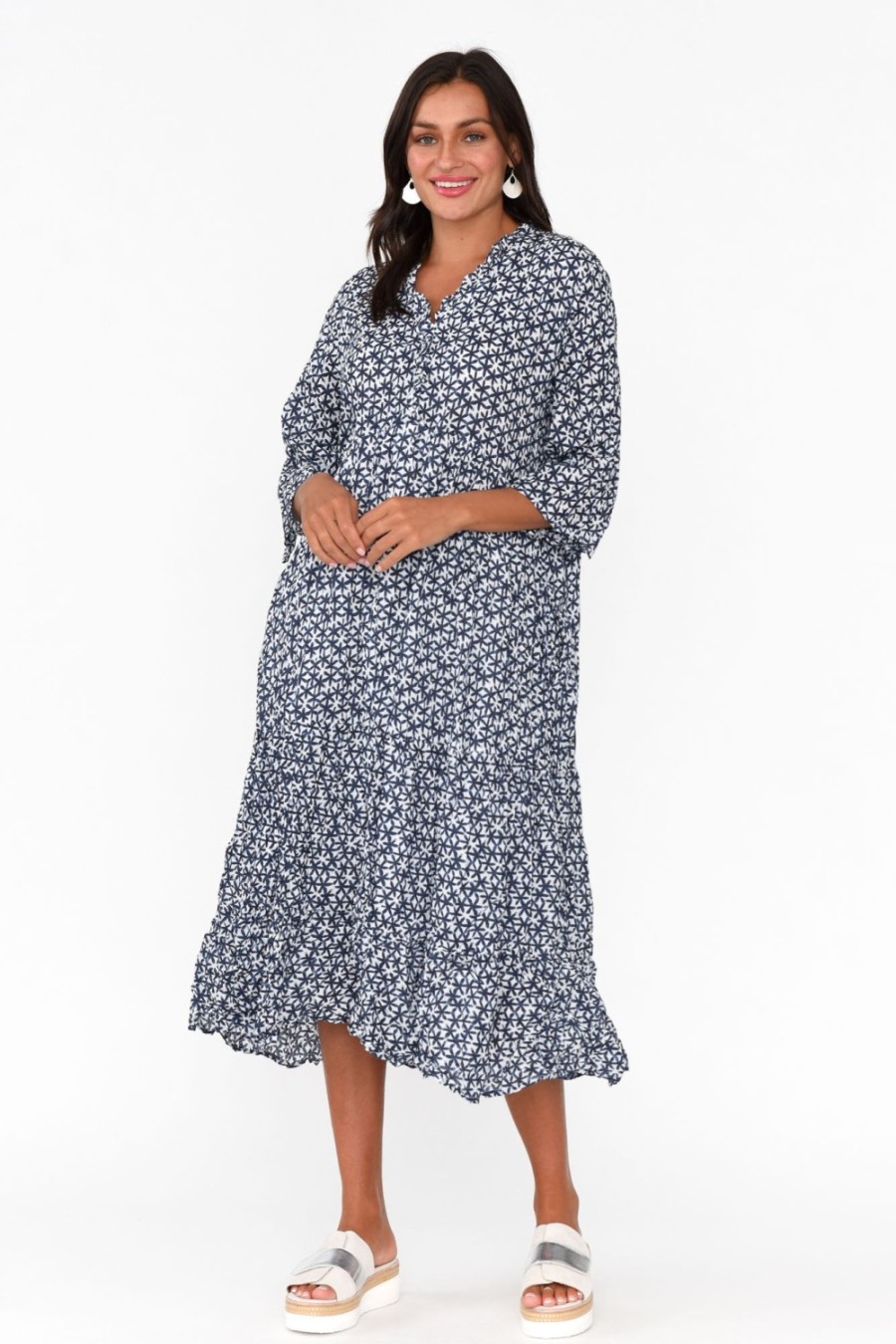 Clothing Namastai Cotton Dresses | Anniston Navy Flower Cotton Tiered Dress