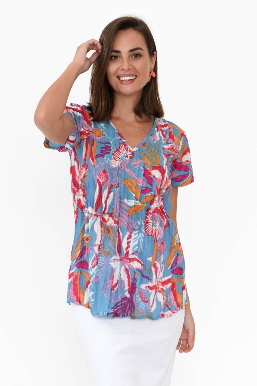 Clothing One Summer Cotton Tops | Fia Blue Tropical Cotton Top