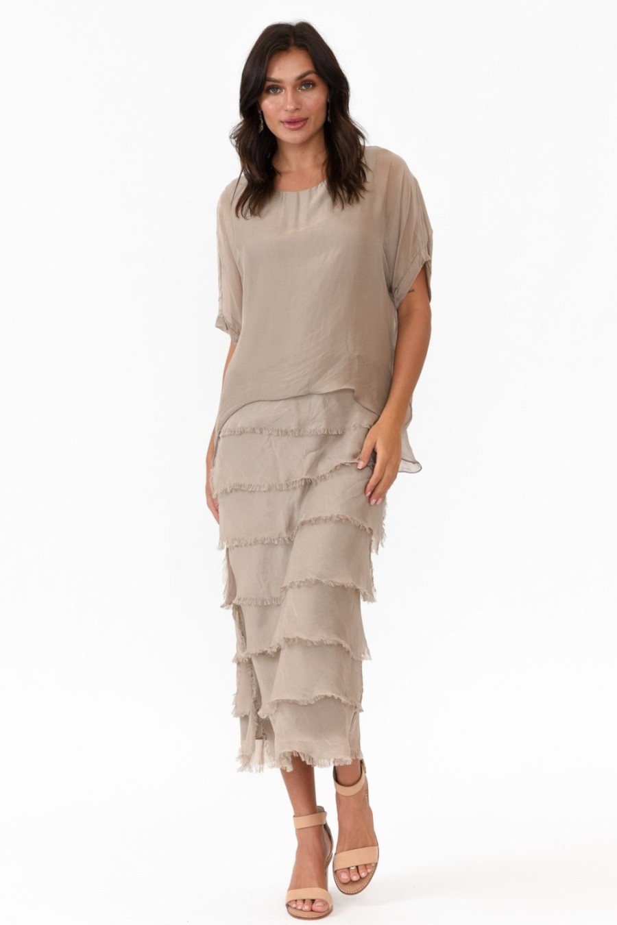 Clothing La Strada Midi Dresses | Katerina Taupe Silk Overlay Maxi Dress