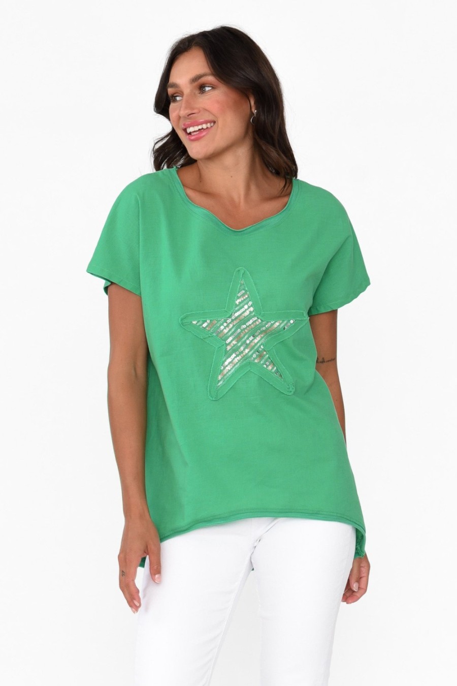 Clothing Cali and Co Linen Tops | Kassidy Emerald Star Sequin Tee