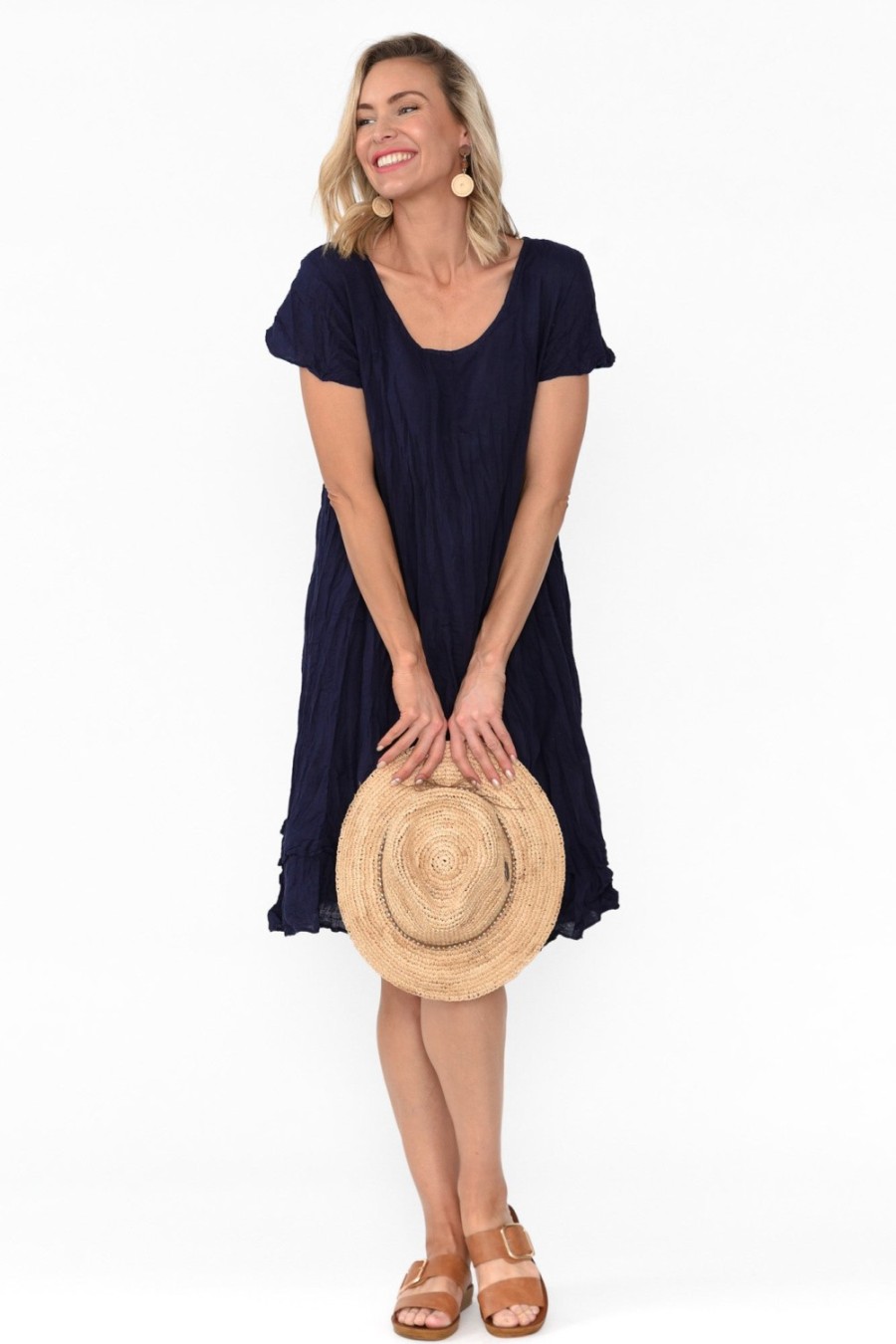 Clothing Namastai Cotton Dresses | Lauren Navy Crinkle Cotton Dress