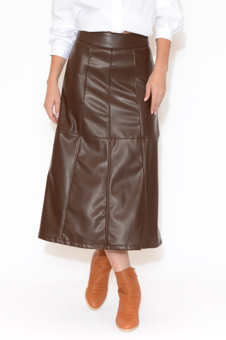 Clothing Brave u0026 True Skirts | Matrix Chocolate Faux Leather Midi Skirt