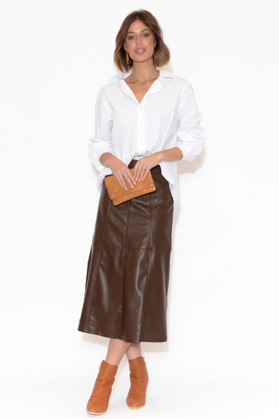 Clothing Brave u0026 True Skirts | Matrix Chocolate Faux Leather Midi Skirt