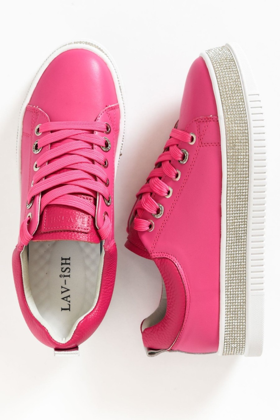 Shoes Lav-ish Leather Sneakers | Lange Hot Pink Leather Diamante Sneaker