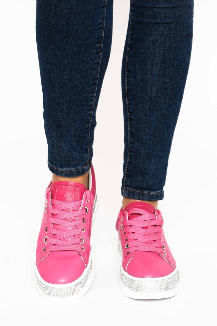 Shoes Lav-ish Leather Sneakers | Lange Hot Pink Leather Diamante Sneaker